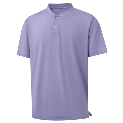 Collarless Golf Shirts for Men Dry Fit Moisture Wicking Performance Solid Casual Mens Henley Shirts Short Sleeve