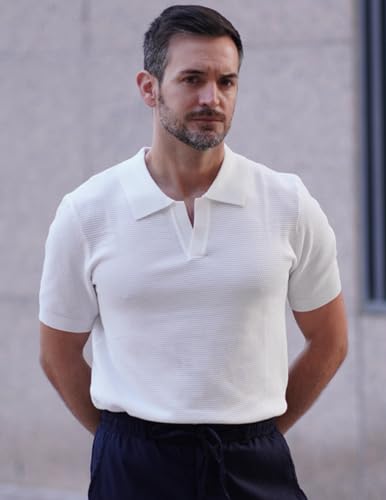 Mens Polo Shirts Short Sleeve V Neck Knit Textured Polo Knitted Golf Shirt