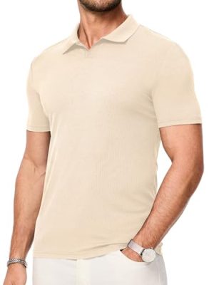 Mens Polo Shirts Short Sleeve V Neck Summer Polo T Shirts Casual Slim Fit Ribbed Textured Golf Shirts