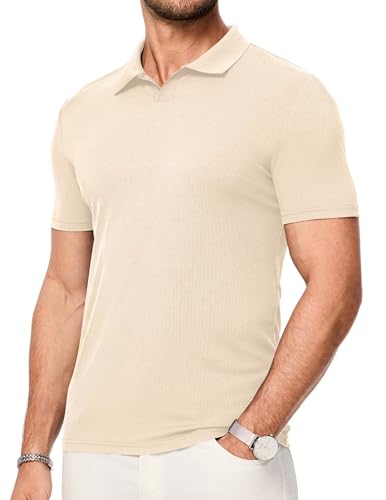 Mens Polo Shirts Short Sleeve V Neck Summer Polo T Shirts Casual Slim Fit Ribbed Textured Golf Shirts