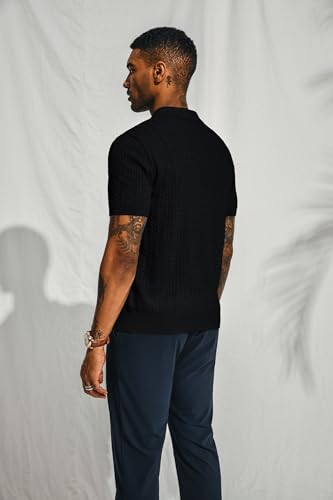 31cF7bzfBSL.jpg Mens Knit Polo Shirt Short Sleeve Hollow Out Knit Shirt Texture Knitted Polo