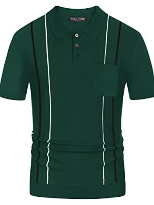 Mens Polo Shirts Vintage Stripes Knit Short Sleeve Slim Fit Summer Pullover Shirts with Pocket Dark Green Medium