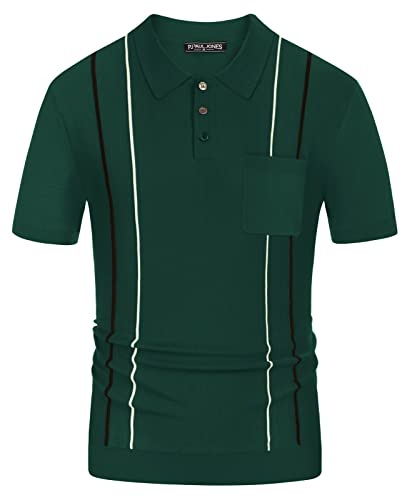 Mens Polo Shirts Vintage Stripes Knit Short Sleeve Slim Fit Summer Pullover Shirts with Pocket Dark Green Medium