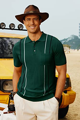 Mens Polo Shirts Vintage Stripes Knit Short Sleeve Slim Fit Summer Pullover Shirts with Pocket Dark Green Medium