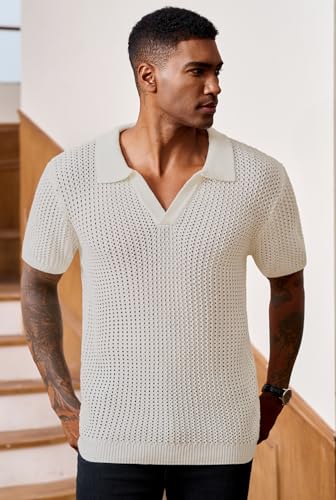 Mens Johnny Collar Polo Shirts Crochet Hollow Out Summer Casual Shirt (S-XXL)