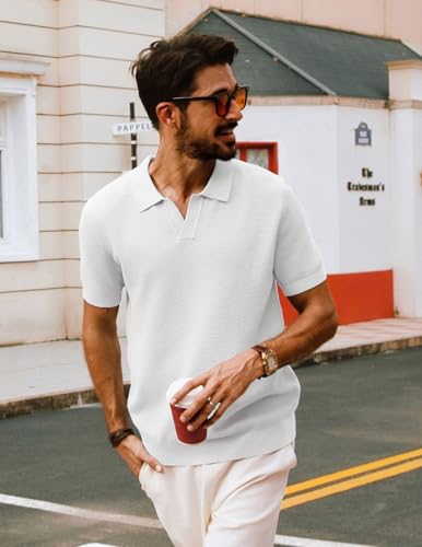 Mens Polo Shirts Short Sleeve V Neck Knit Textured Polo Knitted Golf Shirt