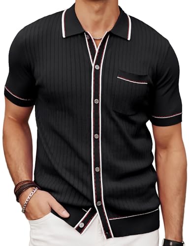 Mens Short Sleeve Button Down Polo Shirt Casual Knit Shirt Waffle Polo Shirt