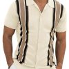Mens Polo Shirts Vintage Striped Knitting Short Sleeves Button Down Golf Shirts