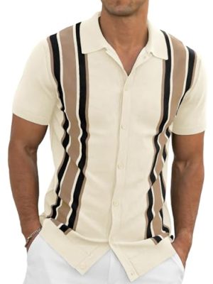 Mens Polo Shirts Vintage Striped Knitting Short Sleeves Button Down Golf Shirts