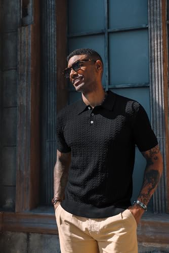 414eUMkJMFL.jpg Mens Knit Polo Shirt Short Sleeve Hollow Out Knit Shirt Texture Knitted Polo