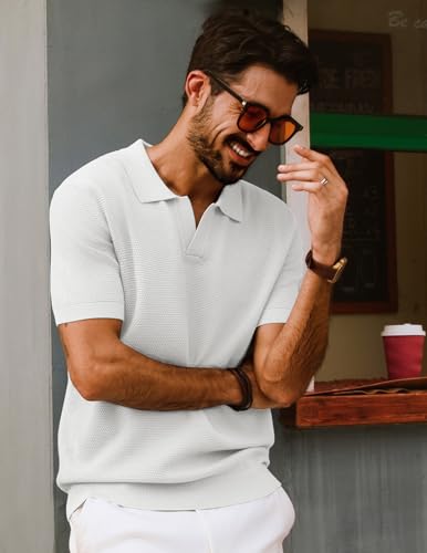 Mens Polo Shirts Short Sleeve V Neck Knit Textured Polo Knitted Golf Shirt