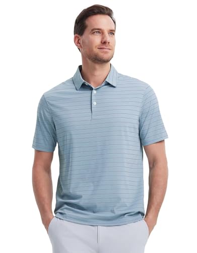 Mens Striped Golf Shirts Short Sleeve Silk-Like Touch Water-Resistant Breathable Soft Collared Polo Shirts for Men