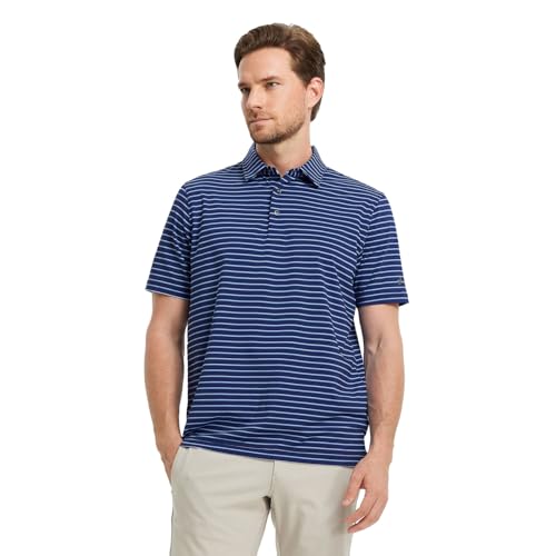 Golf Shirts for Men Moisture Wicking Striped Polo Performance Dry Fit Business Sports Mens Polo Shirts Short Sleeve