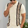 Mens Polo Shirts Vintage Striped Knitting Short Sleeves Button Down Golf Shirts