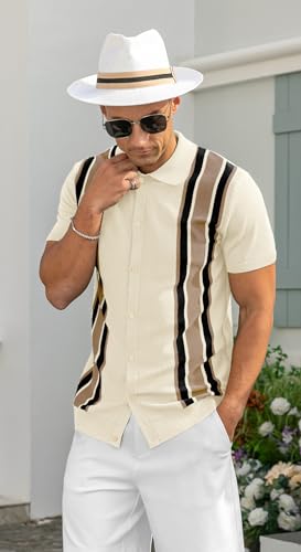 Mens Polo Shirts Vintage Striped Knitting Short Sleeves Button Down Golf Shirts