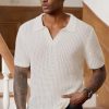 Mens Johnny Collar Polo Shirts Crochet Hollow Out Summer Casual Shirt (S-XXL)