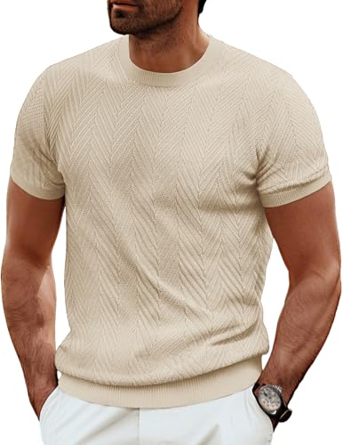 Men's Short Sleeve Knit T-Shirts Casual Crewneck Solid Texture Knit Shirt