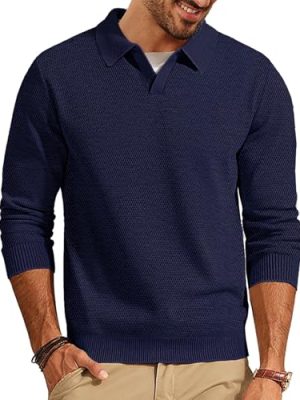 Mens Sweater Long Sleeve V Neck Pullover Sweater Knitted Textured Sweater