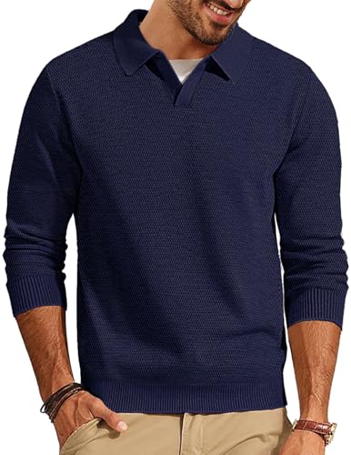 Mens Sweater Long Sleeve V Neck Pullover Sweater Knitted Textured Sweater