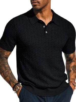 Mens Knit Polo Shirt Short Sleeve Hollow Out Knit Shirt Texture Knitted Polo