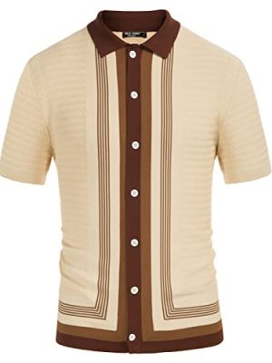 Men's Vintage Stripe Knit Polo Shirts Short Sleeve Stylish Button Down Cardigan Sweater