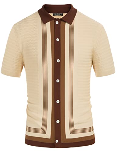 Men's Vintage Stripe Knit Polo Shirts Short Sleeve Stylish Button Down Cardigan Sweater
