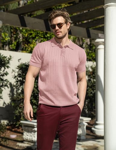 Men's Knit Polo Shirts Short Sleeve Ribbed Knitted Shirt Summer Lightweight Casual Golf Shirts