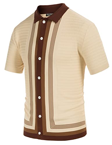 Men's Vintage Stripe Knit Polo Shirts Short Sleeve Stylish Button Down Cardigan Sweater
