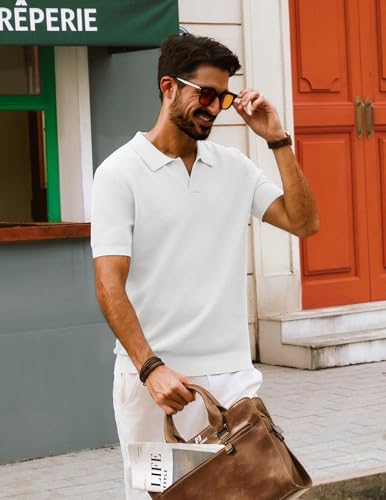 Mens Polo Shirts Short Sleeve V Neck Knit Textured Polo Knitted Golf Shirt