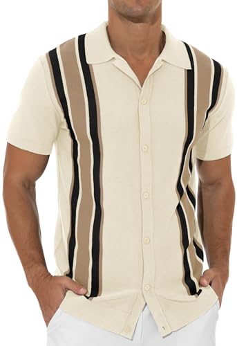 Mens Polo Shirts Vintage Striped Knitting Short Sleeves Button Down Golf Shirts