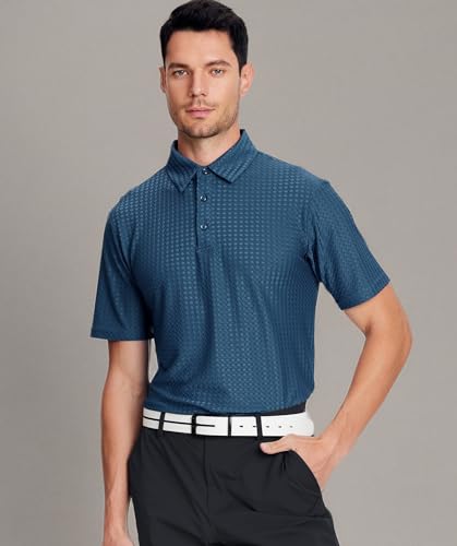 Mens Bubble Jacquard Polo Shirt Super Stretch Short Sleeve Polo Shirts for Men