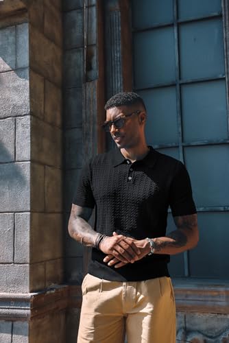 41OrjfBcL-L.jpg Mens Knit Polo Shirt Short Sleeve Hollow Out Knit Shirt Texture Knitted Polo