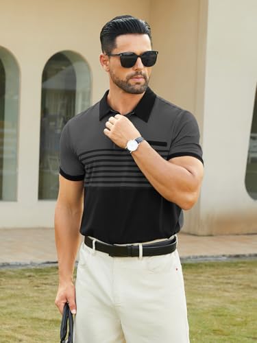 Men's Striped Polo Shirt Short Sleeve Casual Color Block Graphic Tee Collared Golf Shirts for Men