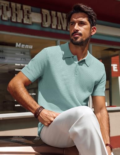 Mens Short Sleeve Button Down Polo Shirt Casual Knit Shirt Waffle Polo Shirt