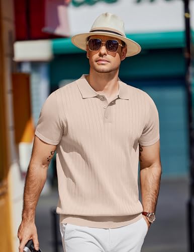 Men's Knit Polo Shirts Short Sleeve Ribbed Knitted Shirt Summer Lightweight Casual Golf Shirts