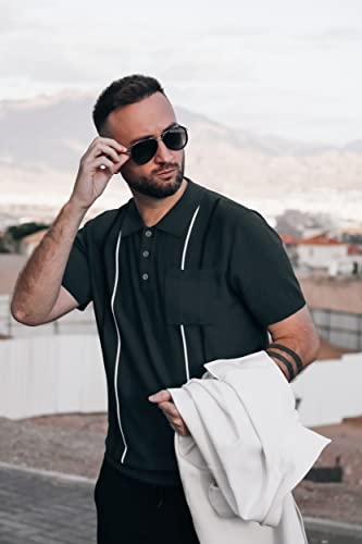 Mens Polo Shirts Vintage Stripes Knit Short Sleeve Slim Fit Summer Pullover Shirts with Pocket Dark Green Medium