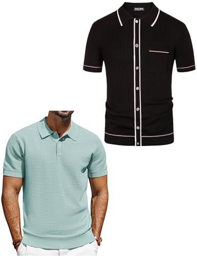 Mens Short Sleeve Button Down Polo Shirt Casual Knit Shirt Waffle Polo Shirt