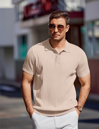 Men's Knit Polo Shirts Short Sleeve Ribbed Knitted Shirt Summer Lightweight Casual Golf Shirts