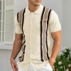 Mens Polo Shirts Vintage Striped Knitting Short Sleeves Button Down Golf Shirts