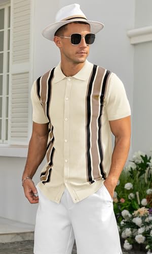 Mens Polo Shirts Vintage Striped Knitting Short Sleeves Button Down Golf Shirts