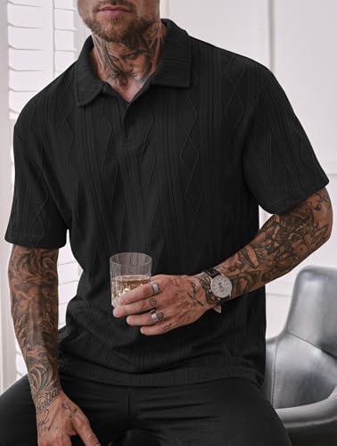 Mens Textured Knit Polo Shirts Loose Fit Stretch Casual Summer Collared Shirt (S-XXL)