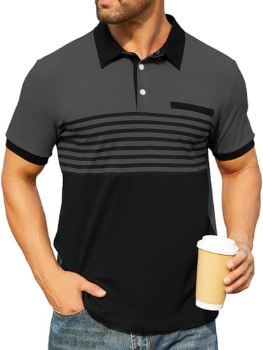 Men's Striped Polo Shirt Short Sleeve Casual Color Block Graphic Tee Collared Golf Shirts for Men