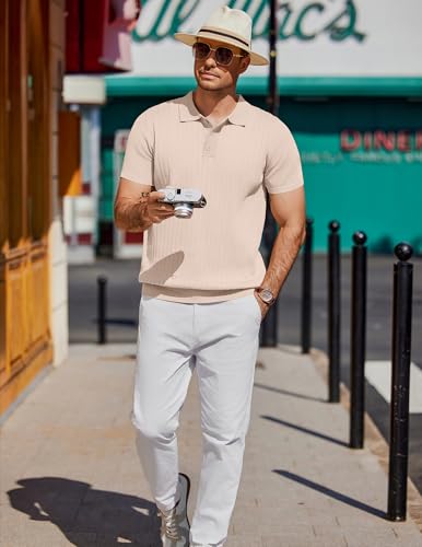 Men's Knit Polo Shirts Short Sleeve Ribbed Knitted Shirt Summer Lightweight Casual Golf Shirts