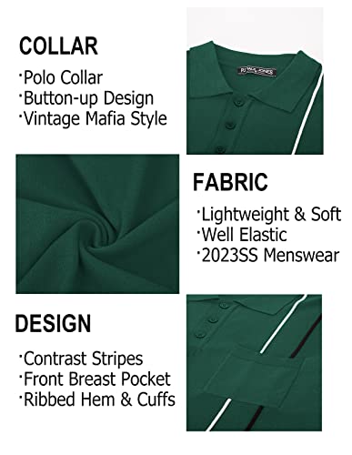 Mens Polo Shirts Vintage Stripes Knit Short Sleeve Slim Fit Summer Pullover Shirts with Pocket Dark Green Medium