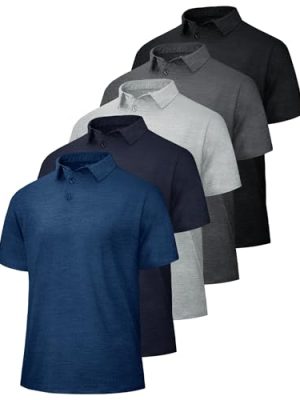 5 Pack Polo Shirts for Men - Quick Dry Moisture Wicking Performance Short Sleeve Mens Golf Shirts for Work Athletic