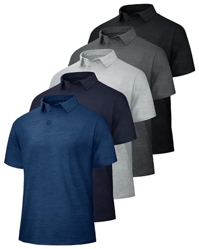 5 Pack Polo Shirts for Men - Quick Dry Moisture Wicking Performance Short Sleeve Mens Golf Shirts for Work Athletic