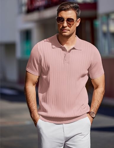 Men's Knit Polo Shirts Short Sleeve Ribbed Knitted Shirt Summer Lightweight Casual Golf Shirts