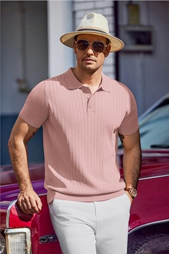 Men's Knit Polo Shirts Short Sleeve Ribbed Knitted Shirt Summer Lightweight Casual Golf Shirts