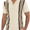 Mens Polo Shirts Vintage Striped Knitting Short Sleeves Button Down Golf Shirts
