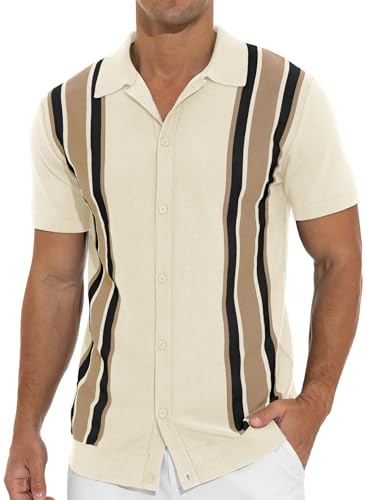 Mens Polo Shirts Vintage Striped Knitting Short Sleeves Button Down Golf Shirts